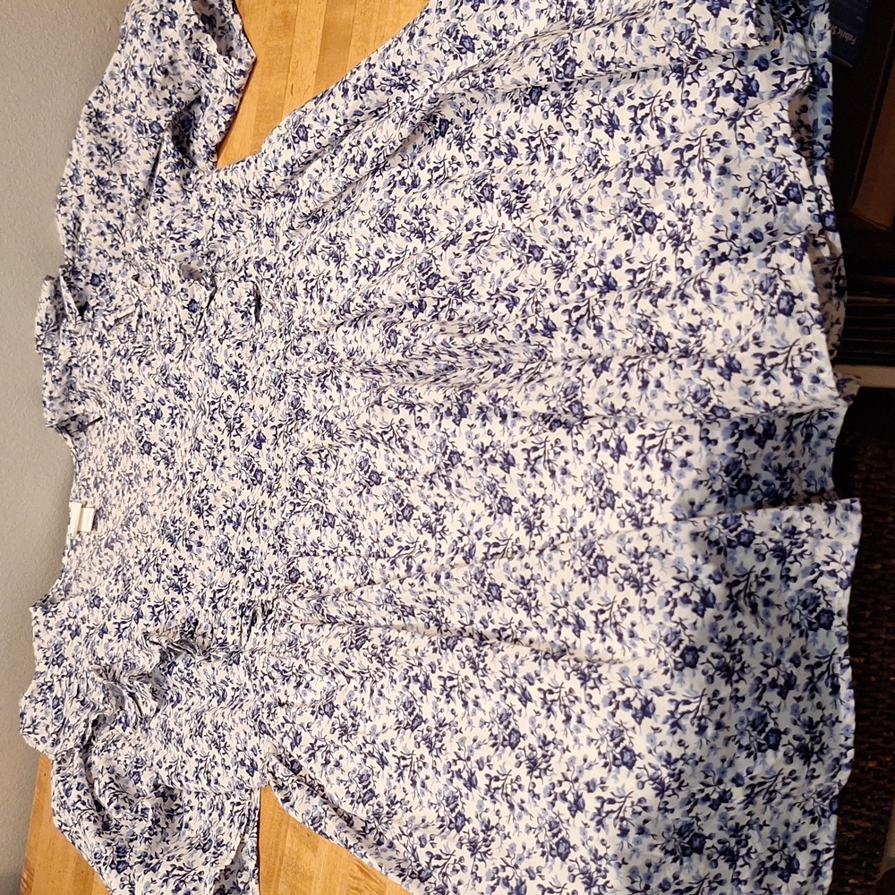 H&M Ruffle Wrap Dress Lg Blue Floral Puff Sleeve V-Neck Cotton Mini Preppy BW - Picture 3 of 12